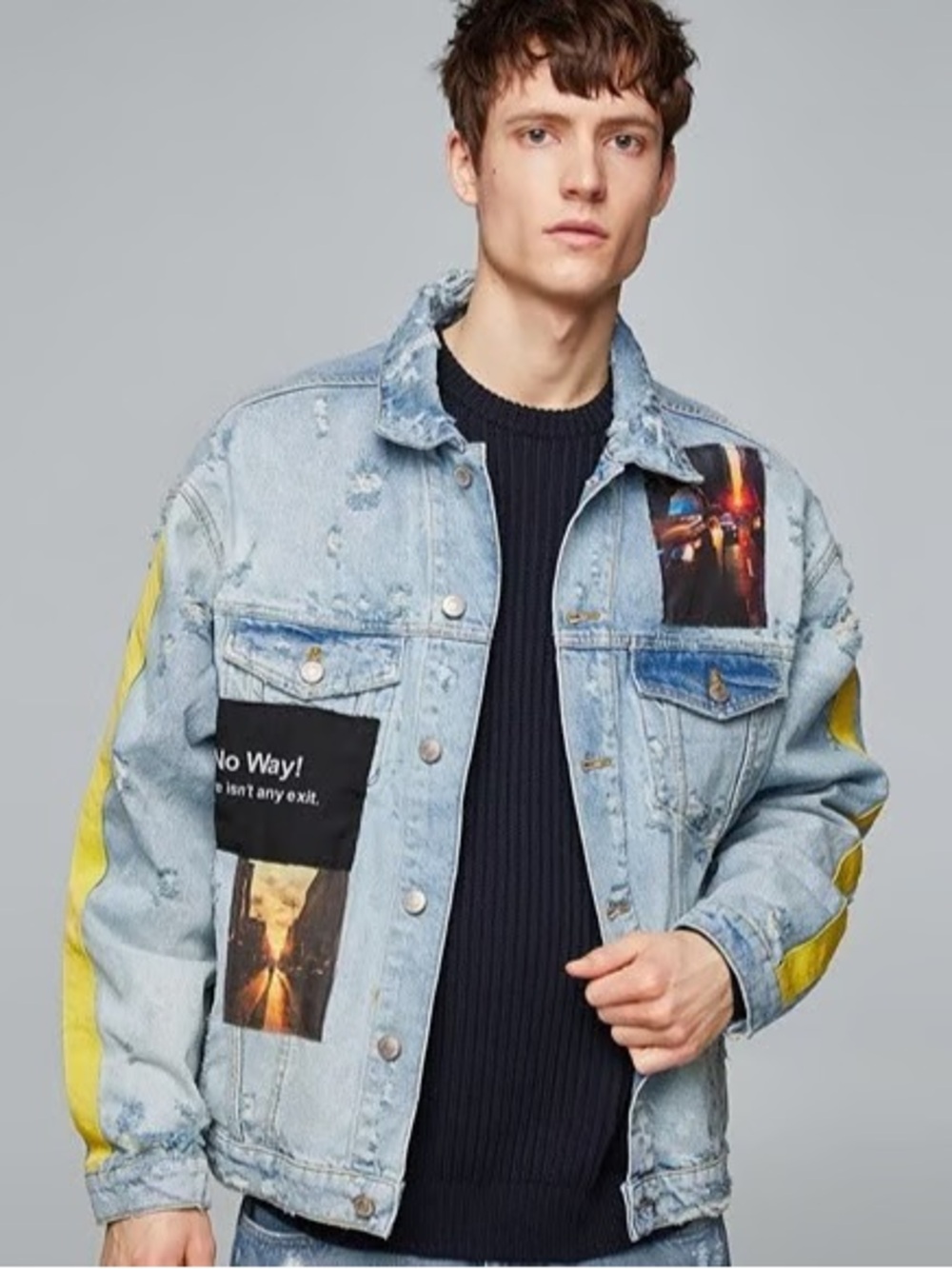 Zara Light Blue Denim Jacket with Yellow Sleeve Stripes